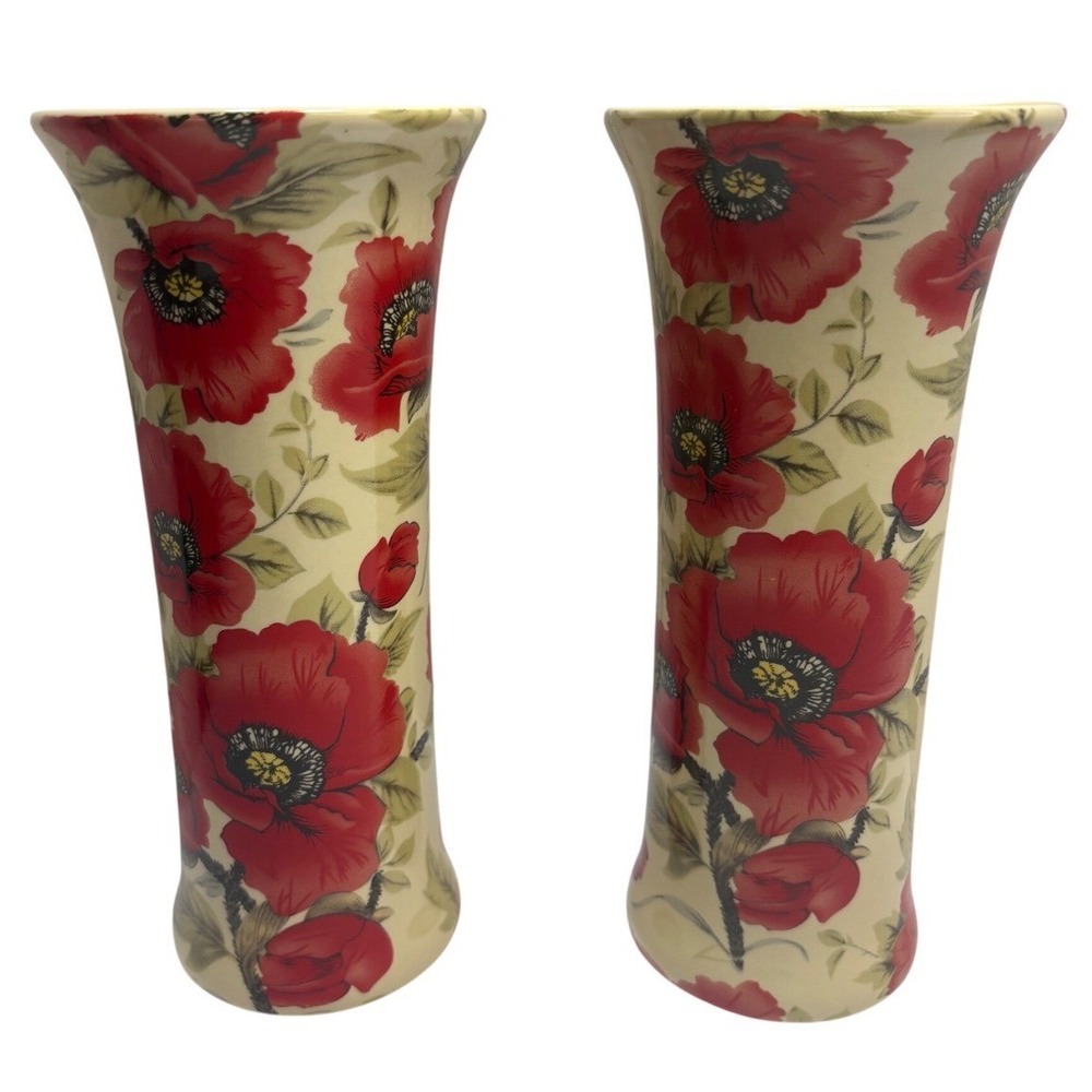 Ballyporeen Fine Ceramics Red Poppy‎ Floral Bud Vases Pair Ireland Vintage